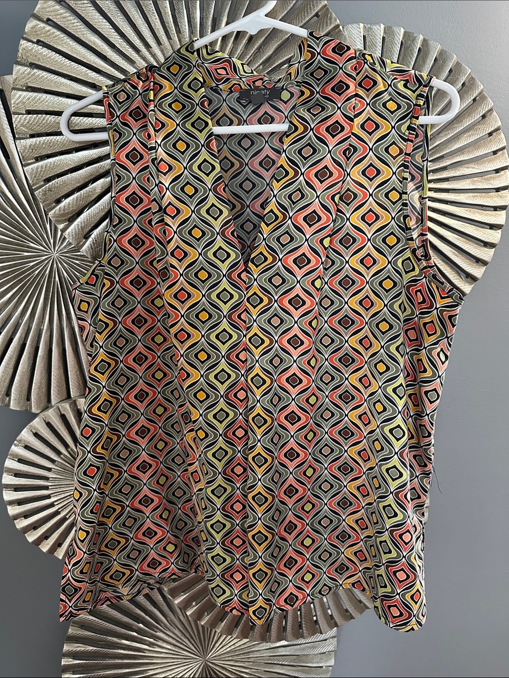 Ninety Sleeveless Geometric Print Blouse in Coral, Yellow & Black